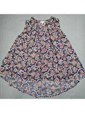 Umgee Womens Large Sleeveless Floral Print High-Low Hem Tunic Top Navy Boho